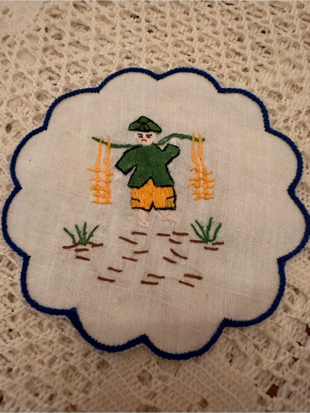 Vintage Hand-Embroidered Linen Cocktail Coasters – Asian Men - Set of 6